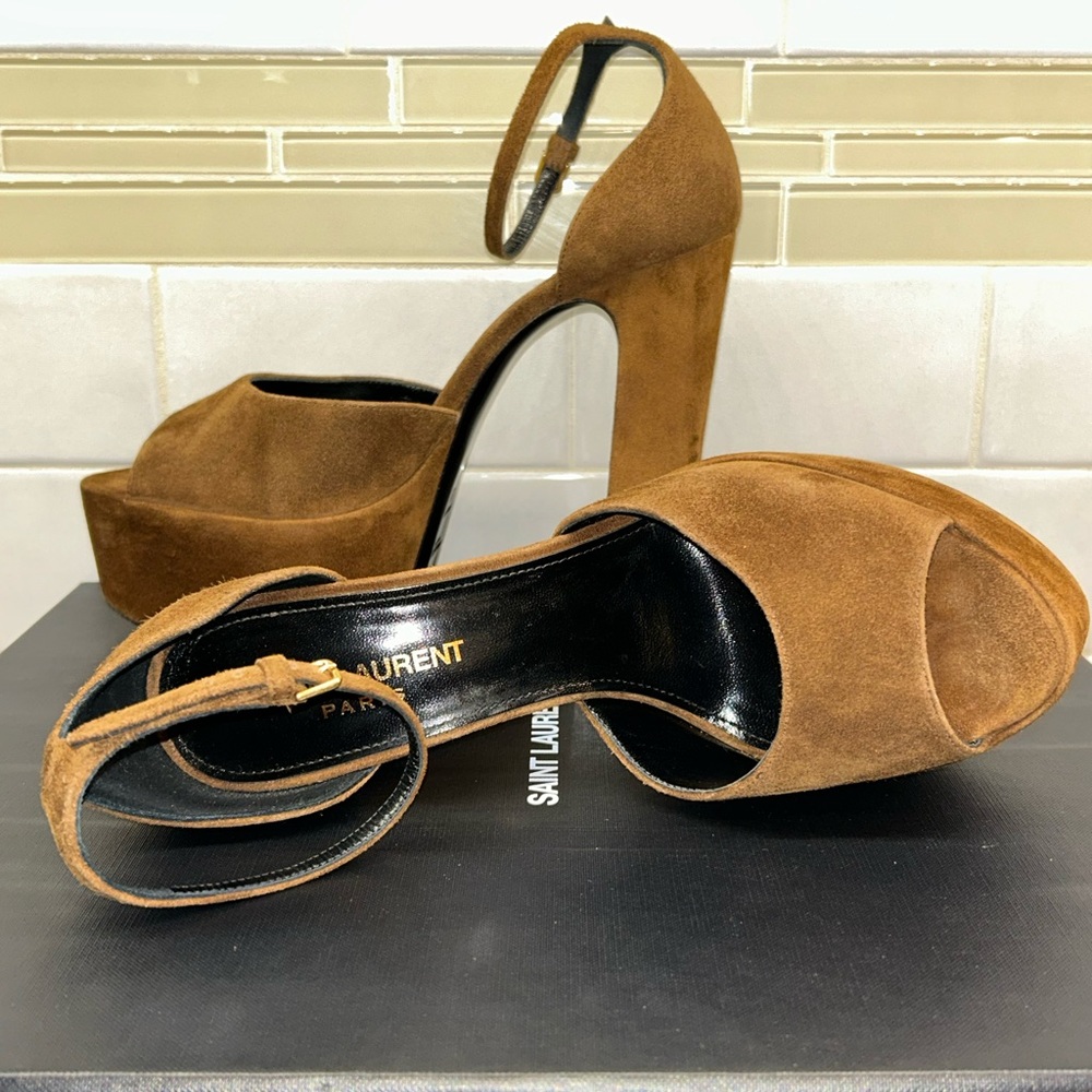 Saint Laurent Tan Suede Platform Heels - Picture 7 of 10